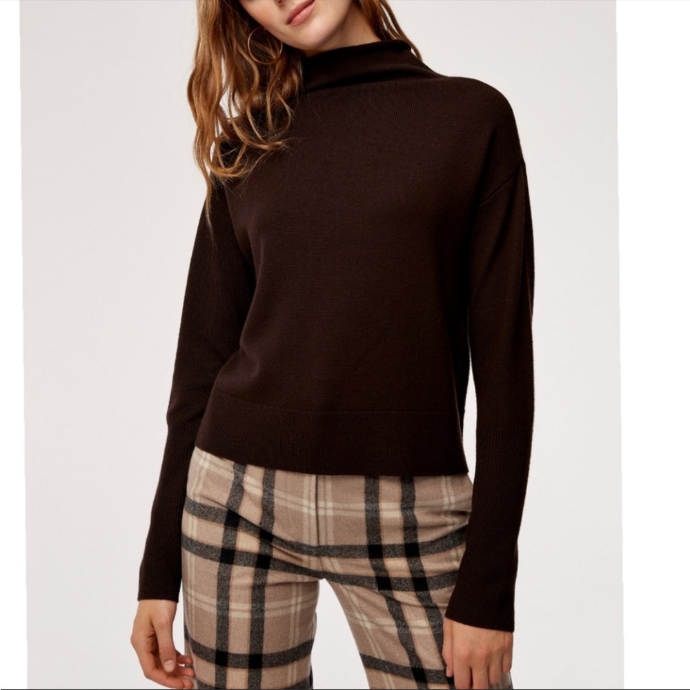 Wilfred ARITZIA chocolate brown 100% Merino Wool CYPRIE mock neck sweater